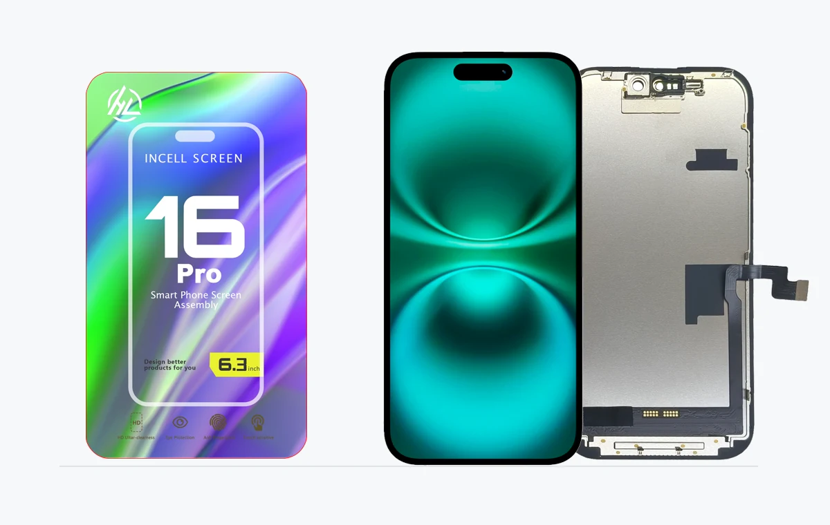 Pantalla iPhone 16 Pro INCELL HL con empaque, frente encendido y reverso real