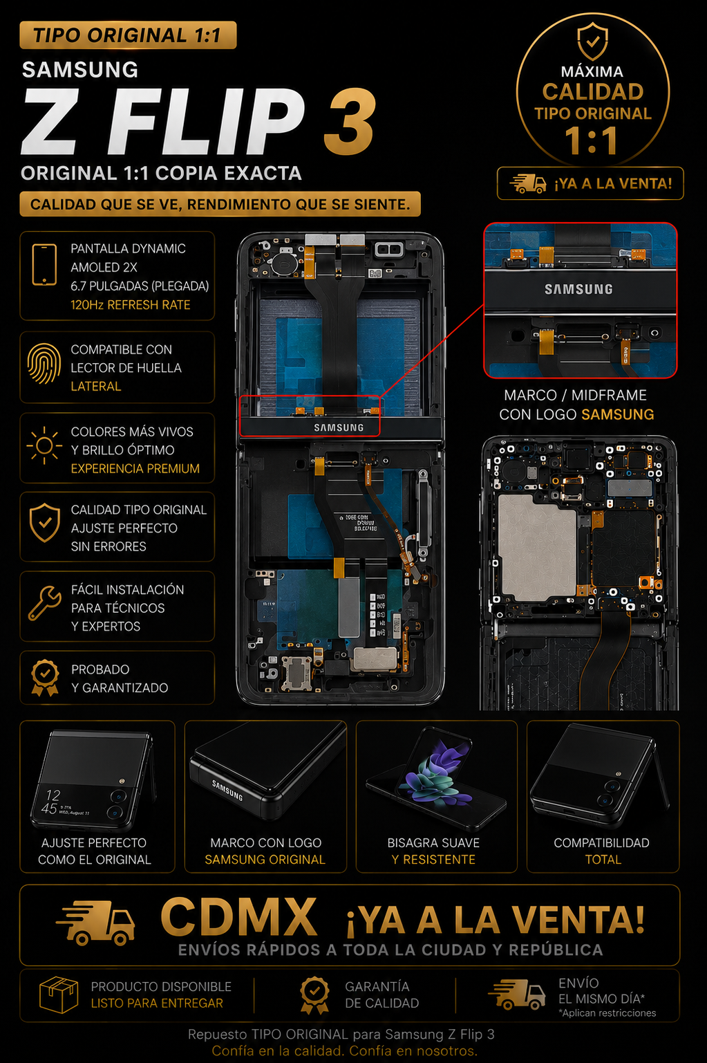 Pantalla Samsung Z Flip3 TIPO ORIGINAL CON MARCO HAODE